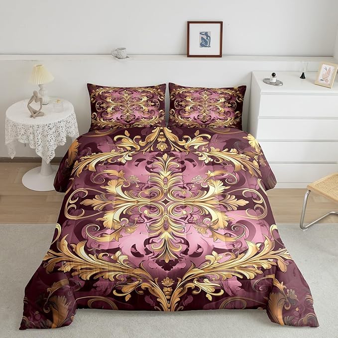 Erosebridal Golden Damask Print Bedding Set King Size for Women Adults, Victorian Flower Vintage Fashion Paisley Quilt Set, Boho Aztec Hippie Chic Comforter Sets, Bohemian Exotic Duvet Insert
