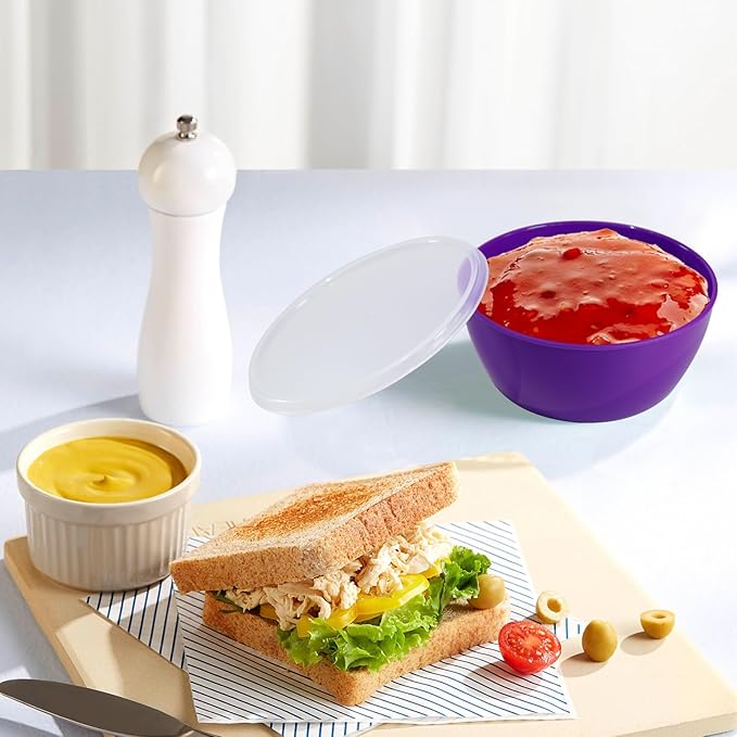 Set of 4 Plastic Prep Bowls with Lids，Microwave and Dishwasher Safe,Ideal for Baking, Prepping, Cooking and Serving Food (Purple)