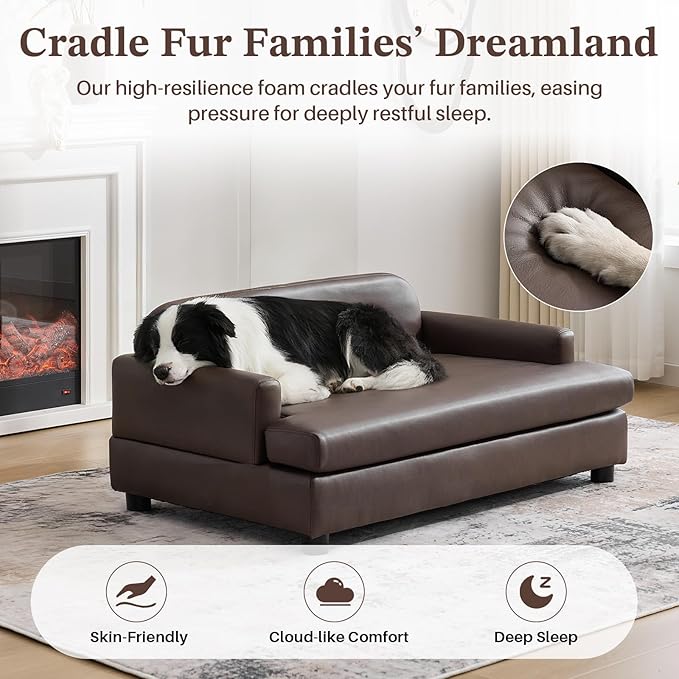 Luxury Dog Sofa Bed Elevated Pet Couch with Durable Waterproof Leather & Orthopedic Sponge - Modern Furniture Style Dog Lounge & Pet Bedside Step for Medium/Large Dogs, Brown