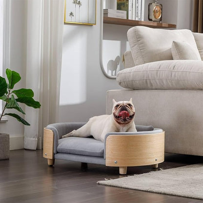 Velvet Dog Bed Pet Sofa with Solid Wood Legs and Bent Wood Back, Stain-Resistant Cushion in Multiple Colors - Luxury Pet Furniture for Cats and Dogs, Light Grey