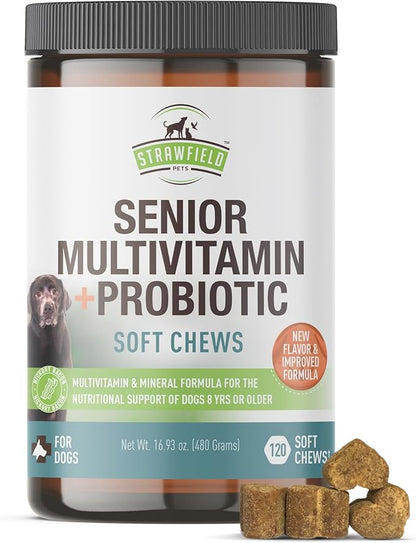 Strawfield Pets Senior Multivitamin + Probiotics for Dogs with Milk Thistle Joint Support Supplement for Dogs Bacon Flavor 120 Soft Chews