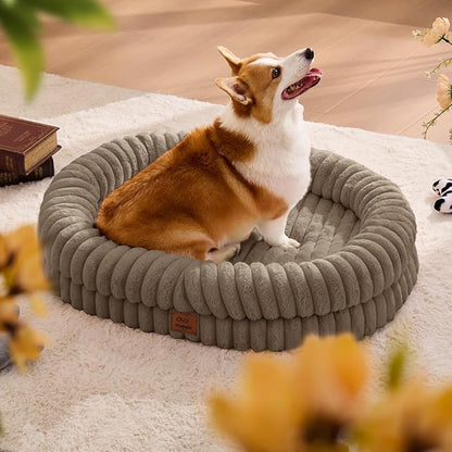 ChiXnuggle Dog Bed Large Sized Dog - Luxury Striped Faux Fur Waterproof Dog Couch with Removable Washable Cover, Orthopedic Dog Bed with Bolster Sides for Sleeping, Taupe