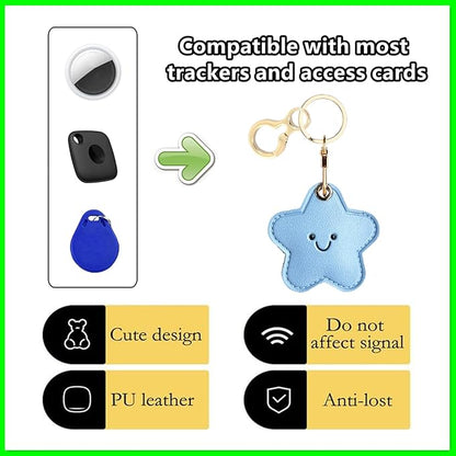 Leather Keychain Holder Case Compatible with AirTag,Cute Protective Cover with Keyring,Anti-Scratch Finder GPS Tracker Case for Wallet Keys,bag,pets,Backpack(Blue Star)