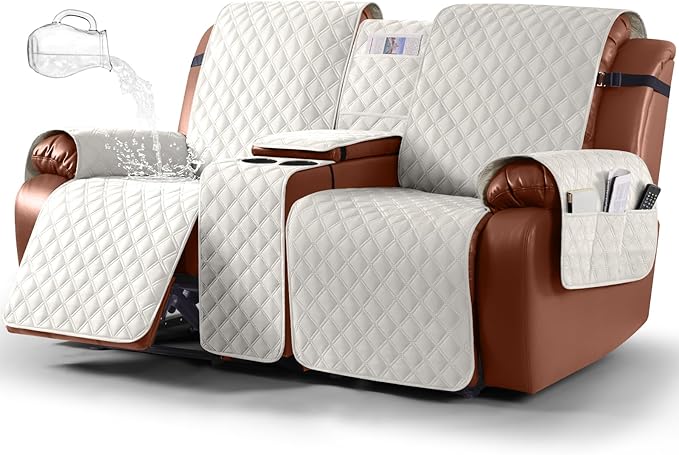 Ruaozz Waterproof Loveseat Recliner Cover with Console Non-Slip Reclining Couch Covers Split Sofa Slipcovers with Elastic Straps Furniture Protector for Kids, Dogs, Pets (Beige,2 Seater)