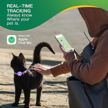 Cat Tracker,No Monthly Fee GPS Trackers for Cats Work with Apple Find My App(iOS Only),Real-Time Location Tracking,Cat Tracker GPS Collar with Safety Elastic Buckle-Purple