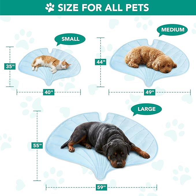 PetAmi Dog Cooling Mat, Ginkgo Leaf Shape, Reversible Cooling Nylon Blanket Soft Fleece Pet Pad for Dogs Cats, Summer All Season Use Q-Max>0.3, Medium 44x49 in, Light Blue