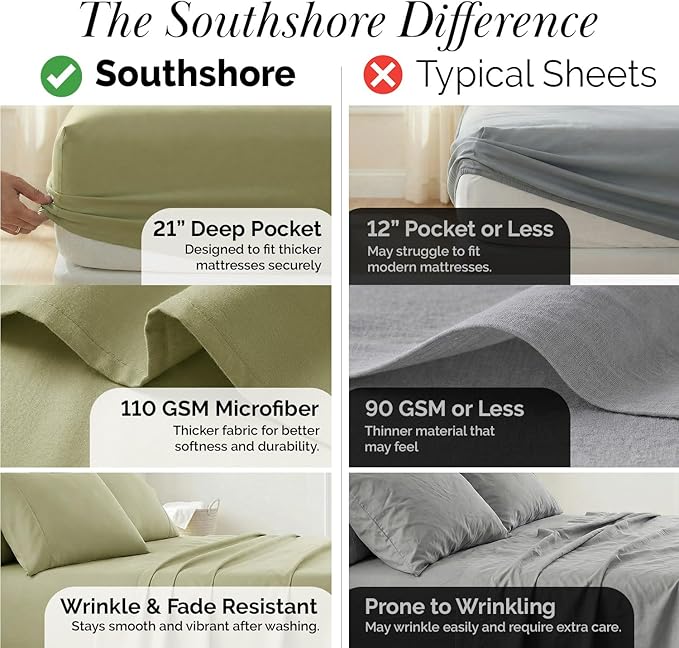 Southshore Fine Living, Inc. 4-Piece Twin Bed Sheets Set, 21" Extra Deep Pocket Fitted Sheet Twin, Oversized Flat Sheet, Microfiber Bedding, Sage Green Pillow Cases Standard Size, Sage Green Sheets