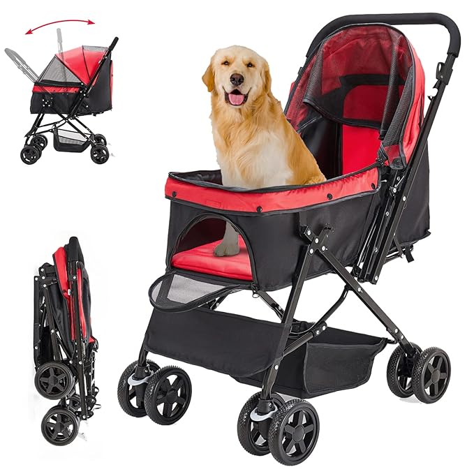 Large Dog Stroller for Medium Foldable Dogs Cat Stroller Pet Stroller with Convertible Compartment Reversible Handlebar Dog Cat Stroller of Large, Medium, Pet Bag