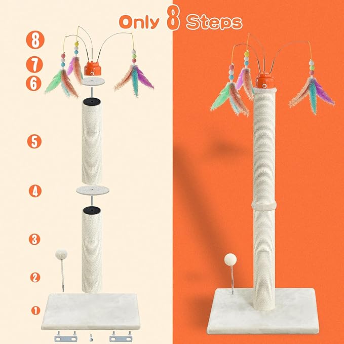 YARUOMY Cat Scratching Post，42.5" Tall Heavy Duty Cat Scratcher，Scratching Posts for Indoor Cats Adult with Interactive Cat Toys Automatic Teaser Wand and Rotating Hanging Balls