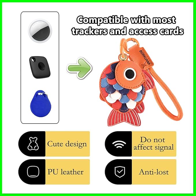 Leather Keychain Holder Case Compatible with AirTag,Cute Protective Cover with Keyring and Lanyard,Anti-Scratch Finder GPS Tracker Case for Wallet Keys,Bag,Pets,Backpack(Red Fish)