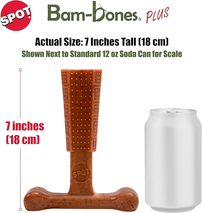 SPOT Bam-Bones Plus Coffee Wood T-Bone Dog Chew Toy, Beef Flavor, Nylon and Coffee Wood Fiber Blend, Durable Chew for Heavy Chewers and Dogs Under 90 lbs, Non-Splintering Dental Chew, 7 Inch