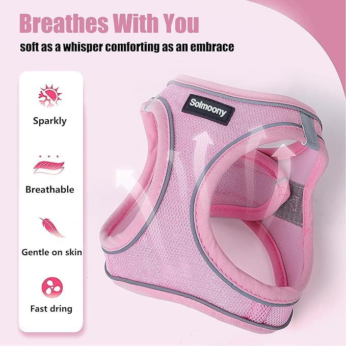 Solmoony Sparkly Small Dog Harness and Leash Set, Step in Soft Light Puppy Vest, Breathable Reflective Pet Harness for Walking, Puppy Harness for Small Dogs Cats (Pink, S)