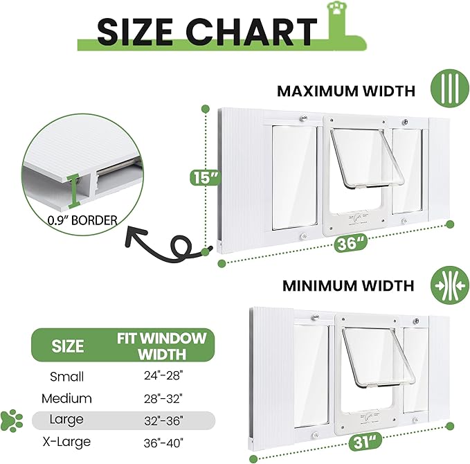 Full-Size Window Pet Door for Cats & Small Dogs, Fits 32"-36" Width Windows, No Damage Cat Door for Window, Lockable Window Mount Cat Door, Weatherproof Cat Door Window Insert Horizontal