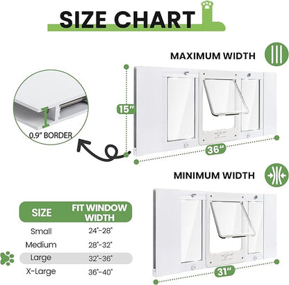 Full-Size Window Pet Door for Cats & Small Dogs, Fits 32"-36" Width Windows, No Damage Cat Door for Window, Lockable Window Mount Cat Door, Weatherproof Cat Door Window Insert Horizontal