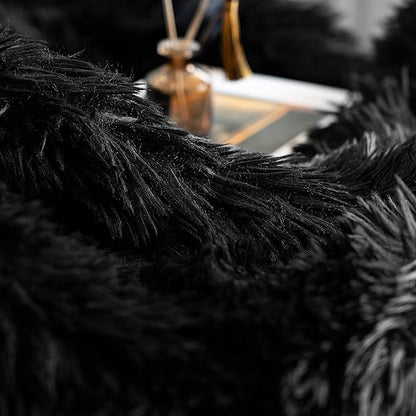 JONIYEAR Extra Large Decorative Fluffy Faux Fur Blanket Full Size for Bed 71" x 80", Soft Luxury Big Lightweight Furry Blankets, Accent Cozy Shaggy Plush Thick Fuzzy Warm Blanket for Winter, Black