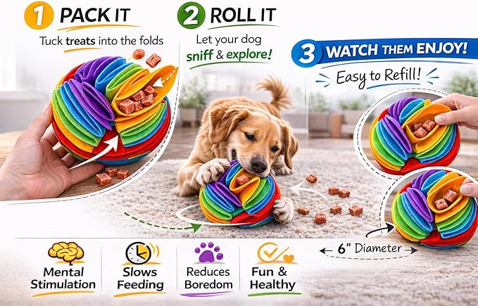 6" Snuffle Ball Toy for Dogs – Treat Hiding Toy for Sniffing & Mental Stimulation - Interactive Enrichment Dogs
