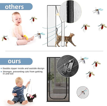 QWR Reinforced Cat Screen Door,Fits Door Opening Size 36''x 81'',Thickened Cat Resistant Mesh Screen Door for Living Room,Kitchen,Bedroom,Cat Proof Screen with Zipper Closure(U-Type,Black)