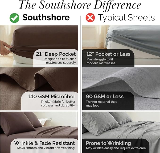 Southshore Fine Living, Inc. 6-Piece Cal King Sheet Set, 21-Inch California King Sheets Deep Pocket, Fitted and Flat Sheet Set, Chocolate Brown Pillow Cases Standard Size, Chocolate Brown Sheets