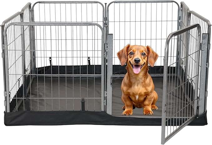 Dog Playpen w/Square Bottom Floor Cover - 24 inch, 8 Panel Portable Grey Metal Pet Play Pen for Small Dogs & Puppies - Indoor/Outdoor Kennel Cage for Home, Yard, RV, or Camping