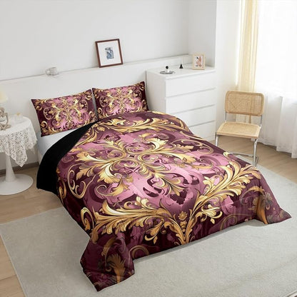 Erosebridal Golden Damask Print Bedding Set Full Size for Women Adults, Victorian Flower Vintage Fashion Paisley Quilt Set, Boho Aztec Hippie Chic Comforter Sets, Bohemian Exotic Duvet Insert
