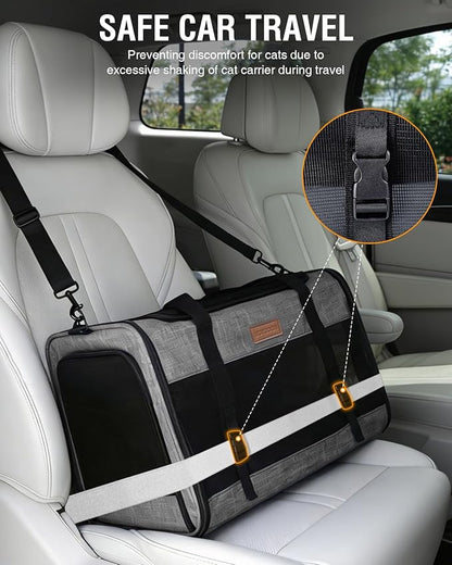 PETUX Large Pet Carrier for Large Cats ＆ Small Dogs - Up to 20Lb, Top and Side Entry, 4 Side Breathable, Foldable Soft Cat Travel Carrier with Safety Car Seat Buckle and Anti-Scratch Mesh - Grey
