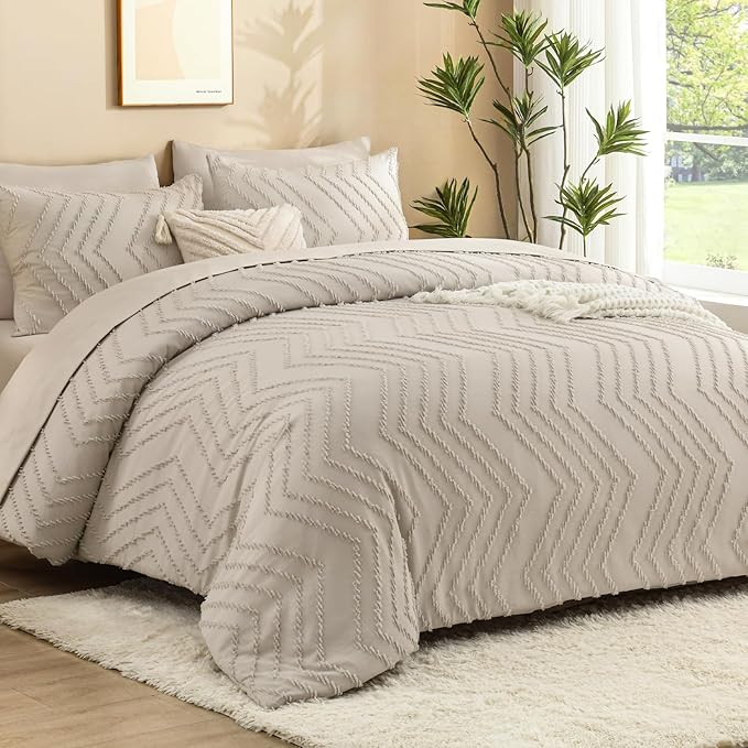 Litanika Twin Comforter Set with Sheets Oatmeal - 5 Pieces Boho Tufted Shabby Chic Bed in a Bag, Fluffy Soft Farmhouse Bed Set for All Seasons
