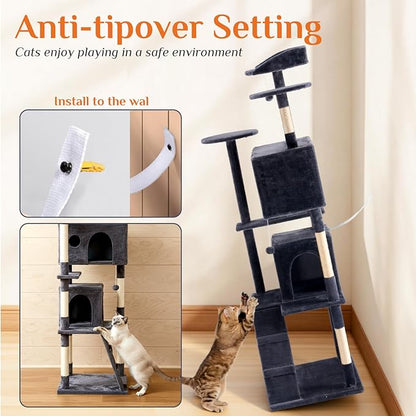 Sweetcrispy 80 Inch Cat Tree Tower, Multi-Level with Cat Scratching Post, Indoor Cat Condo with Climbing Ladder, Plush Toy, Play House for Cat, Dark Grey