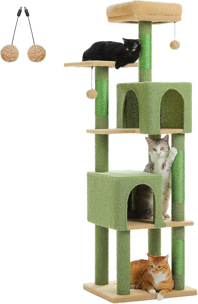 MUTTROS Cactus Cat Tree, 62-Inch Tall Multi-Level Cat Tower with Scratching Posts, Cat Condos for Large Indoor Cats, Plush Cat Bed w/Padded Perches, Scratching Pad & 2 Green Pompoms, Green
