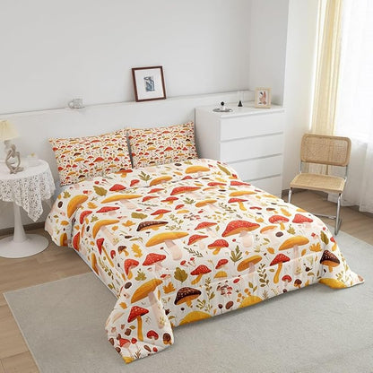 Erosebridal Rainbow Colorful Mushroom Full Comforter Set Orange Wild Fungus Bedding Sets Botanical Plants Bedding Comforter White Duvet Set Leaves Cartoon Lady Room Décorative Cozy 3 Piece