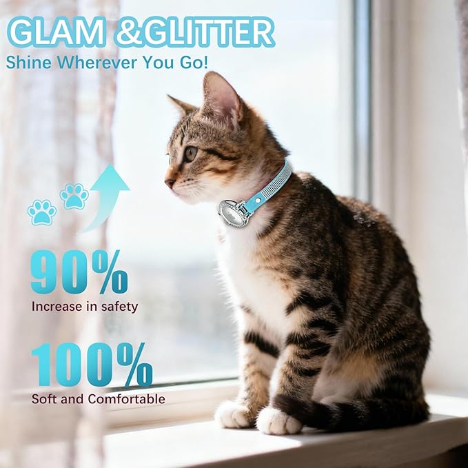 AirTag Cat Collar Breakaway, Diamond Microfiber Cat Collars with Apple Air Tag Holder and Bell, Adjustable Comfortable GPS Tracker Cat Collar for Girl Boy, Kittens, Puppies (Blue)