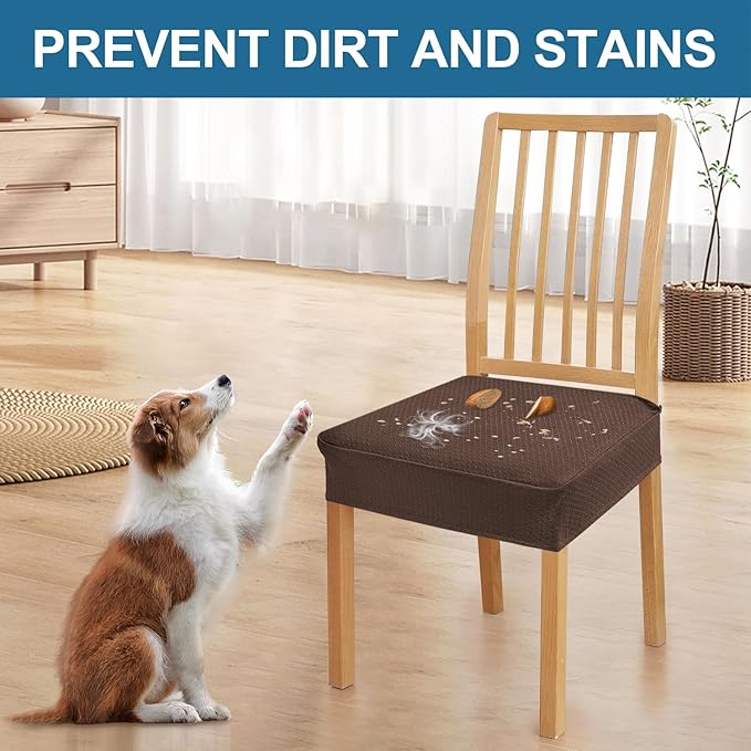 Smiry Waterproof Seat Covers for Dining Room Chairs Set of 2, Stretch Jacquard Removable Washable Chair Seat Slipcovers Protector, No Rear Covers, Light Chocolate