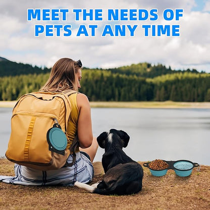 Collapsible Dog Dual Bowls, 2-in-1 with Locking Clip for More Stability 180 Degree Flip Portable Dog Travel Bowl for Water and Food Pet Food Drinker (Dark Green)