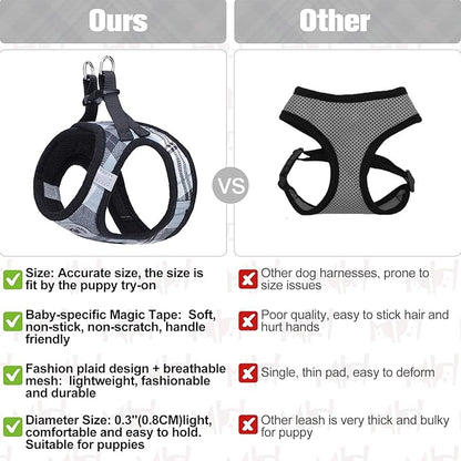 BEAUTYZOO Small Dog Harness and Leash Set,Step in No Choke No Pull Soft Mesh Dog Harnesses Reflective for Extra-Small Medium Puppy Dogs and Cats, Plaid Dog Vest Harness for XS S Pets, Grey S