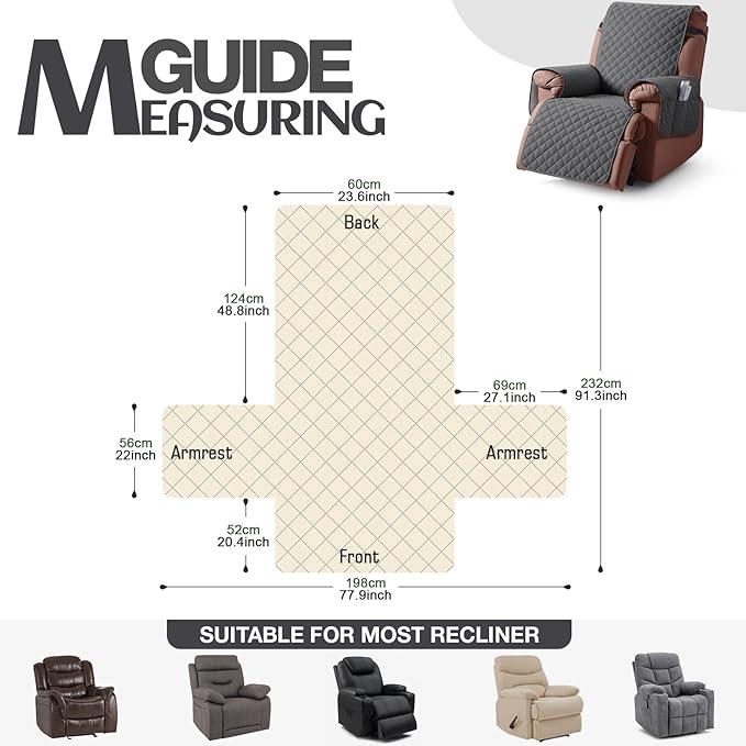 KinCam 100% Waterproof Recliner Chair Cover, Reclining Couch Covers for Pets, Dogs, Recliner Couch Slipcover Furniture Protector with Elastic Straps for Kids(23.6", Charcoal Gray)