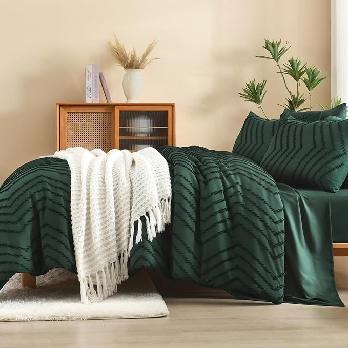 Litanika Full Size Comforter Set with Sheets Dark Emerald Green - 7 Pieces Bed in a Bag Full Chevron Tufted Complete Bedding Sets with Comforter, Sheets, Pillowcases & Shams