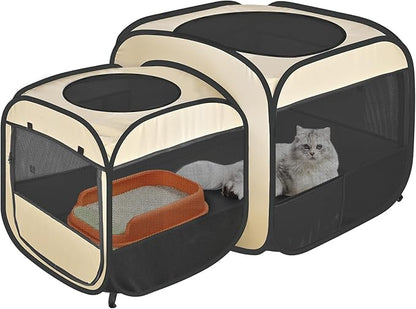 EighteenTek® 2-in-1 Portable Cat Playpen(End Doors), Pop up Kitten Playpen, Assembly-Free, Pet Tent Crates Kennel Cage Enclosure for Dog Puppy Indoor Outdoor(Beige)(No Divider, Unified Space)