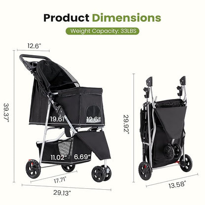 SMUG 3 Wheels Pet Stroller, Dog and Cat Strollers with Storage Basket & Cup Holder, Breathable Mesh, Lightweight Travel Carrier, Waterproof and Foldable for Small Pets Outdoor Walk, Black