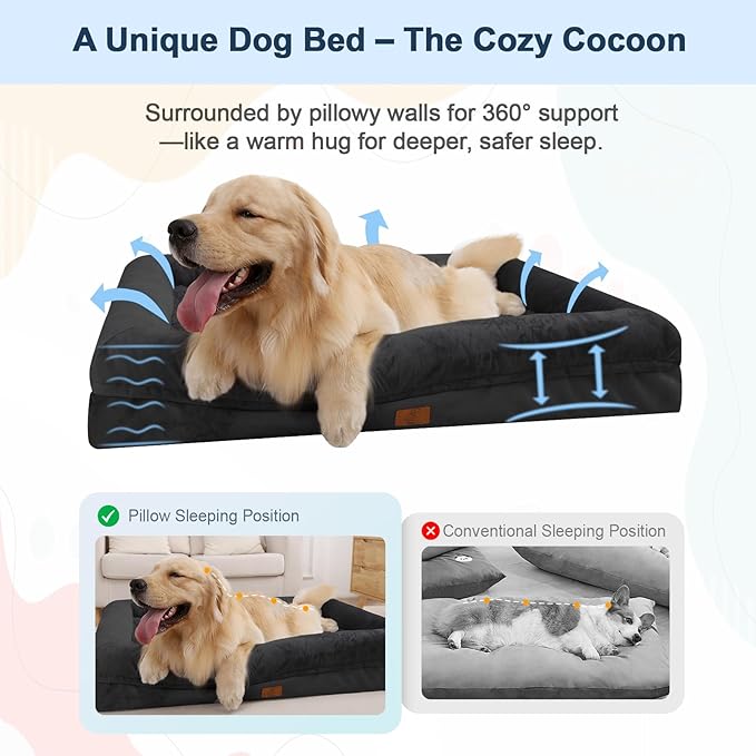 XLarge Waterproof Dog Bed for Extra Large Dogs, XL Dog Bed with Removable Washable Cover, 4-Sides Removable Bolster Pet Sofa with Non-Slip Bottom, Black