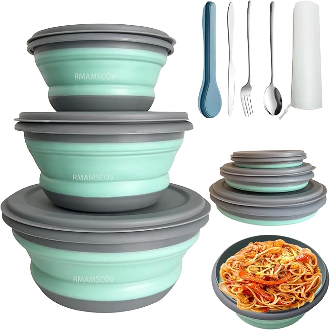RMAMSCOV Collapsible Camping Bowl with Lid, Silicone Salad Bowl Serving, Microwave Foldable Soup Ramen Expandable Plates for Travel, Picnic, Rv(Blue New with Kinfe)