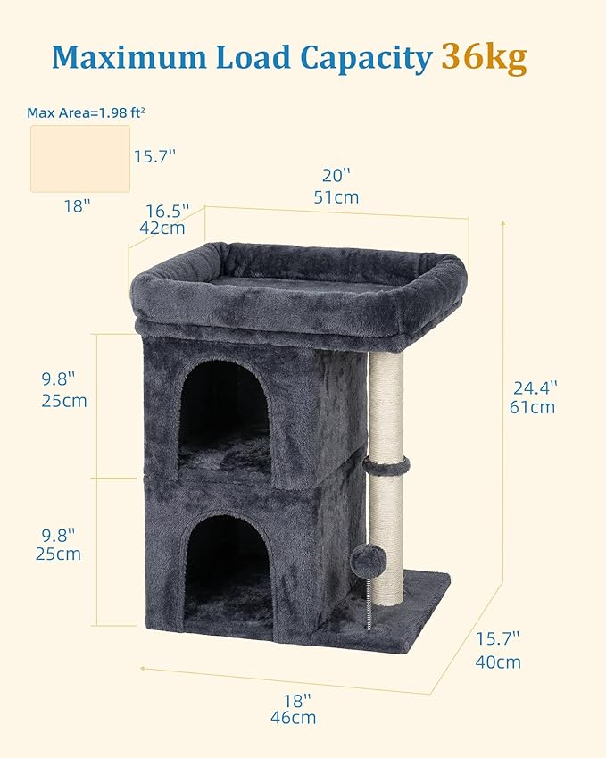 Aechonow Cat Tree for Large Cat, 19 * 16.5In Large Cat Perch, Adult Cat Tower for Indoor Cats with 24In Long Scratching Post, 2 Cozy Cat Condo House for Adult & Fat Cats, Dark Gray