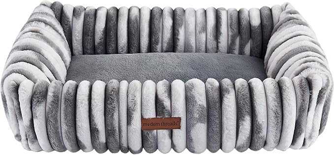 Modern Threads Ribbed Plush Two-Tone Cuddler Dog Bed, Ultra-Soft Faux Rabbit Fur, Supportive Bolstered Sides, Removable Washable Cover, Bed for Medium to Large Dogs, Silver, (34" L x 25" W x 9" Th)