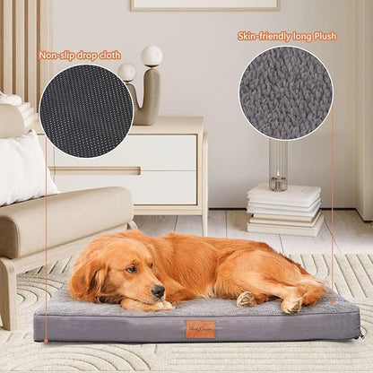 Waterproof Dog Beds for Large Sized Dogs - Orthopedic Dog Bed Washable Crate Pad 36 inch, Large Egg Crate Foam Pet Bed Mat with Removable Cover, Anti-Slip Kennel Pad, 36''×27'', Grey