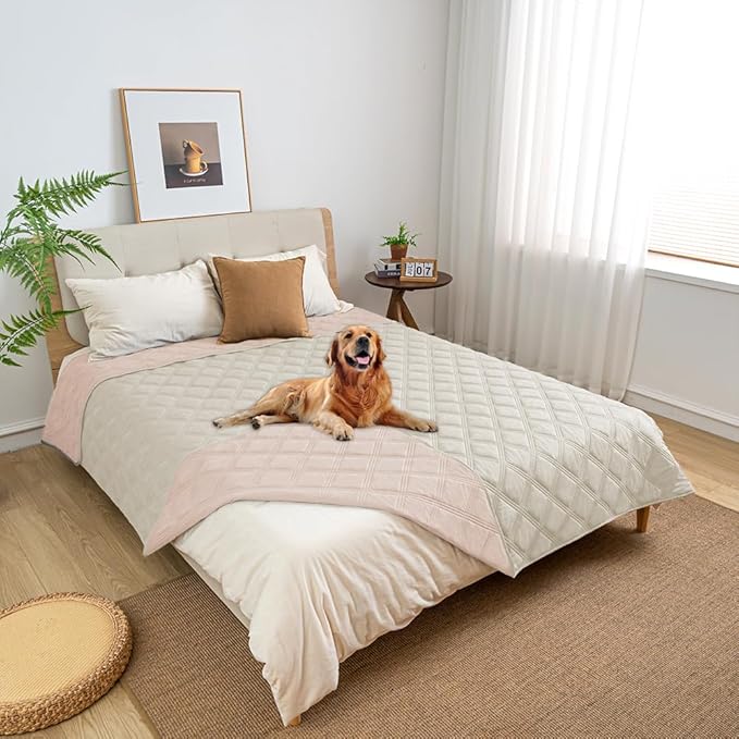fuguitex Waterproof Dog Blanket Reversible for Small Dogs Resistant Leakproof Washable Couch Cushion Bed Protector Cover for Indoor Furniture Pet Friendly（52"*82",Baby Pink+Cream