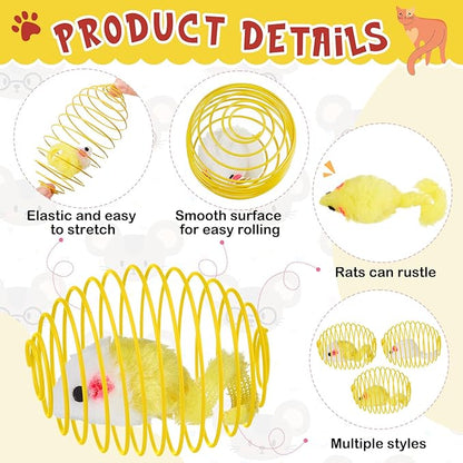 Jecery 5 Pcs Cat Spring Balls Toys Stretchable Rolling Balls Colorful Playful Coils Interactive Action Toy Caged Rats for Kitten Pet Supplies (Yellow Mouse,Yellow)