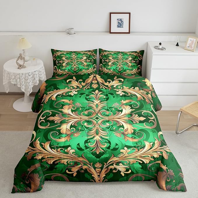 Erosebridal Golden Damask Queen Comforter Set, Vintage Florals Exotic Soft Bed Set for Kids Boys Girls, Aztec Boho Waterproof Paisley Duvet Insert for Bedroom, Bohemian Retro Hippie Down Comforter