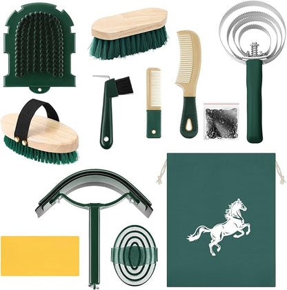 Abbylike 12 Pieces Horse Grooming Kit Racing Festival Tack Room Supplies Horse Brush Sets Equine Care Cleaning Kit Shedding Grooming Massaging Tools (Khaki and Green)