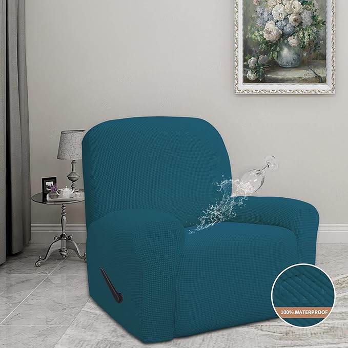 Easy-Going 100% Waterproof Recliner Cover, Dual Waterproof Couch Cover for Recliner, 1- Piece Jacquard Sofa Cover, Leakproof Sofa Slipcover for Kids, Pets, Dog and Cat (Recliner, Peacock Blue)