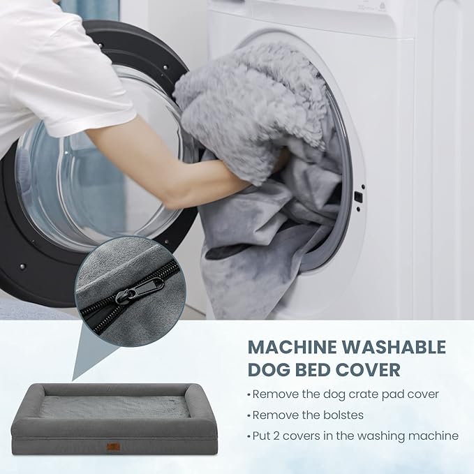 Large Orthopedic Egg Crate Foam Dog Bed, Waterproof Dog Bed with Removable Washable Cover, 4-Sides Removable Bolster Soft Couch Sofa with Non-Slip Bottom, Dark Grey