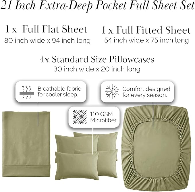 Southshore Fine Living, Inc. 6-Piece Full Size Bed Sheets Set, 21-Inch Extra Deep Pocket Fitted Sheet Full, Flat Sheet, Microfiber Bedding, Sage Green Pillow Cases Standard Size, Sage Green Sheets