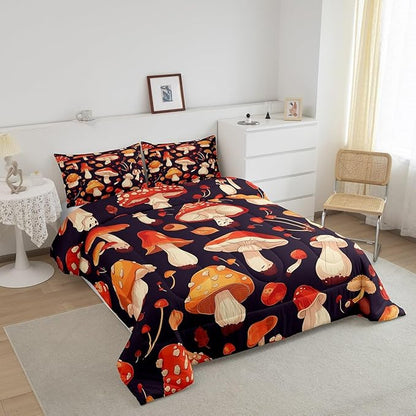 Erosebridal Red Mushroom Twin Comforter Set Orange Wild Fungus Bedding Sets Botanical Plants Bedding Comforter Dark Purple Quilt Comforter Cartoon Women Lady Room Décorative Lightweight 2 Piece